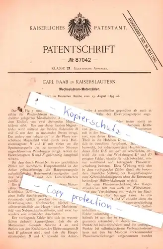 original Patent -  Carl Raab in Kaiserslautern , 1895 , Wechselstrom-Motorzähler !!!