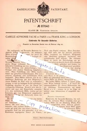 original Patent - Camille Aphonse Faure in Paris und Frank King in London , 1895 , Elektroden für Secundär-Batterien !!!