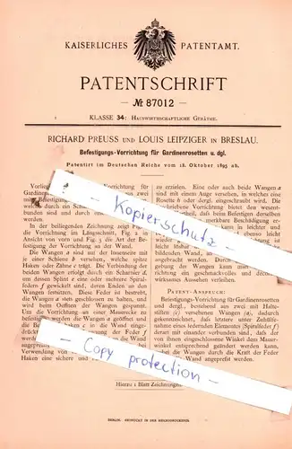 original Patent - R. Preuss und Louis Leipziger in Breslau , 1895 , Befestigungs-Vorrichtung für Gardinenrosette !!!
