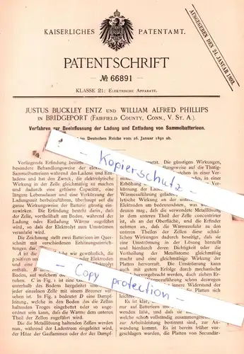 original Patent - Justus Buckley Entz und William Alfred Phillips in Bridgeport , 1892 , Elektrische Apparate !!!