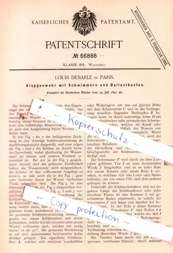 original Patent - Louis Debarle in Paris , 1891 , Klappenwehr mit Schwimmern und Ballastkasten !!!