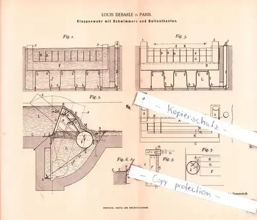 original Patent - Louis Debarle in Paris , 1891 , Klappenwehr mit Schwimmern und Ballastkasten !!!