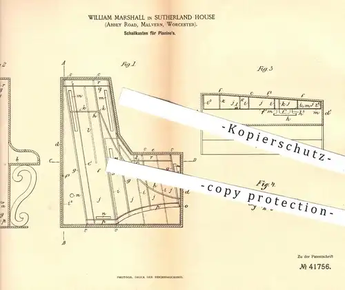 original Patent - William Marshall , Sutherland House , Abbey Road , Malvern , Worcester , 1886 , Schallkasten für Piano