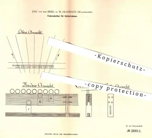 original Patent - Joh. von den Berg , Mönchengladbach / Waldhausen , 1883 , Fadenwächter für Schleerahmen | Weben