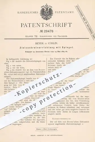 original Patent - Beyer , Cöslin 1884 , Zielkontrolle mit Spiegel für Gewehre , Waffen , Schusswaffen | Schießen , Brunn