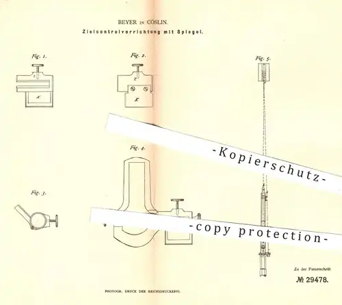 original Patent - Beyer , Cöslin 1884 , Zielkontrolle mit Spiegel für Gewehre , Waffen , Schusswaffen | Schießen , Brunn