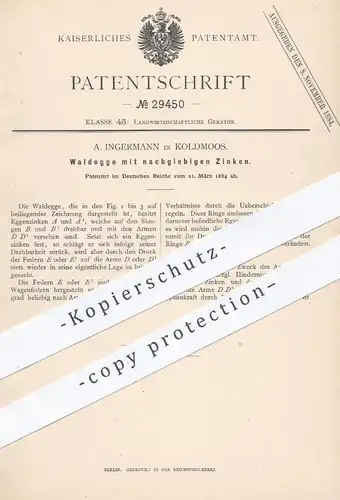 original Patent - A. Ingermann , Koldmoos , 1884 , Waldegge mit nachgiebigen Zinken | Egge , Eggen , Landwirtschaft !!