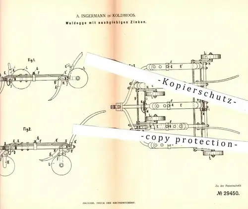 original Patent - A. Ingermann , Koldmoos , 1884 , Waldegge mit nachgiebigen Zinken | Egge , Eggen , Landwirtschaft !!