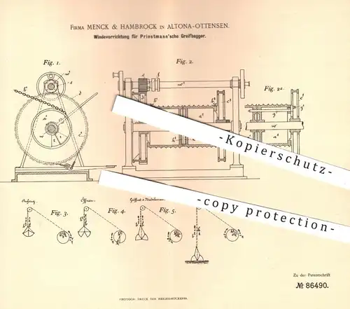 original Patent - Menck & Hambrock , Hamburg / Altona Ottensen , 1895 , Windevorrichtung für Greifbagger von Priestmann