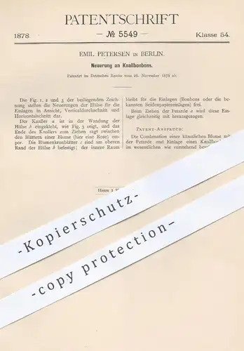 original Patent - Emil Petersen , Berlin , 1878 , Knallbonbon , Knallbonbons | Knaller , Blume , Papier , Papierfabrik !