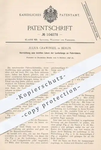 original Patent - Julius Grawinkel , Berlin , 1898 , Lenkstange am Fahrrad | Lenker , Lenkung | Fahrräder , Rad , Räder