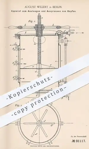 original Patent - August Willert , Berlin 1894 , Auslaugen u. Auspressen von Hopfen | Bier , Brauerei , Malz | Fasbender
