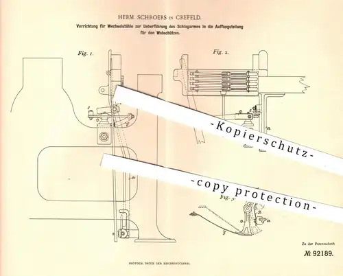 original Patent - Herm. Schroers in Krefeld , 1896 , Schlagarm für Webschützen am Wechselstuhl | Weber , Weben , Weberei