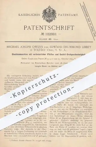 original Patent - Michael Joseph Owens , Edward Drummond Libbey , Toledo , Ohio USA , 1897 , Glasblasmaschine | Glas !!