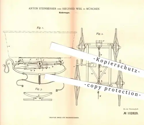 original Patent - Anton Steinbeisser u. Siegfried Weil in München , 1898 , Kinderwagen | Wagen , Wiege , Kinderwiege !