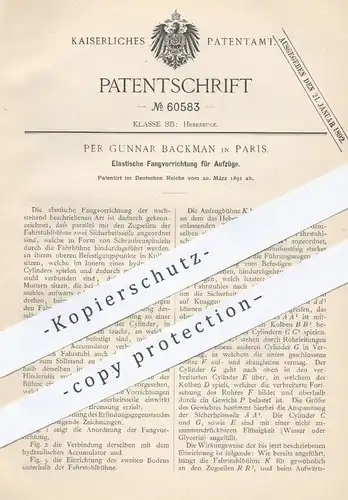 original Patent - Per Gunnar Backman , Paris , 1891 , Fangvorrichtung für Aufzüge | Aufzug , Fahrstuhl , Hebezeuge !!!