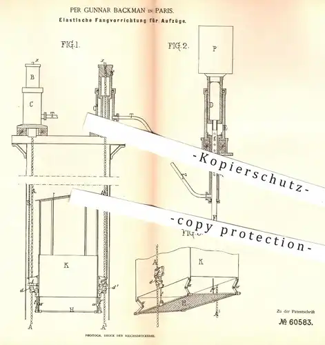 original Patent - Per Gunnar Backman , Paris , 1891 , Fangvorrichtung für Aufzüge | Aufzug , Fahrstuhl , Hebezeuge !!!