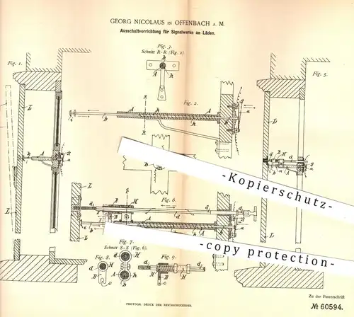 original Patent - Georg Nicolaus , Offenbach / Main , 1890 , Ausschaltvorrichtung für Signalwerke , Signale | Reklame !