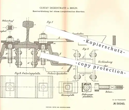 original Patent - G. Dickertmann , Berlin , 1890 , Querverbindung bei Langschwellen - Oberbau | Straßenbahn , Eisenbahn