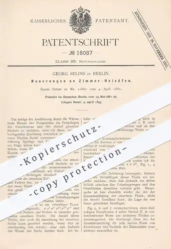original Patent - Georg Seldis , Berlin , 1881 , Zimmer - Heizöfen | Heizofen , Ofen , Öfen , Heizung , Ofenbauer !!!