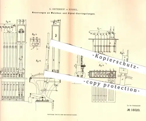 original Patent - G. Osterhof , Kassel , 1881 , Verriegelungen an Weichen u. Signalen | Eisenbahnen , Eisenbahn , Signal