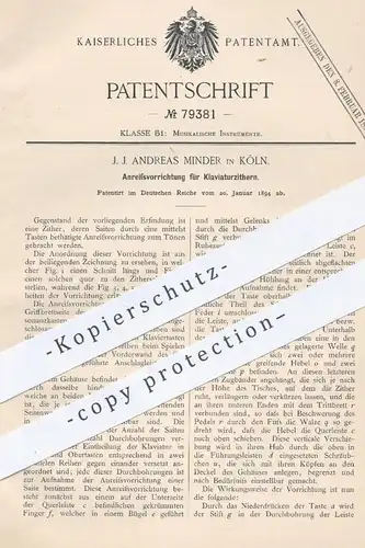 original Patent - J. J. Andreas Minder , Köln 1894 , Anreissvorrichtung für Klaviaturzittern | Zitter , Musikinstrumente