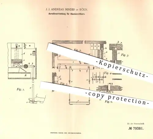original Patent - J. J. Andreas Minder , Köln 1894 , Anreissvorrichtung für Klaviaturzittern | Zitter , Musikinstrumente