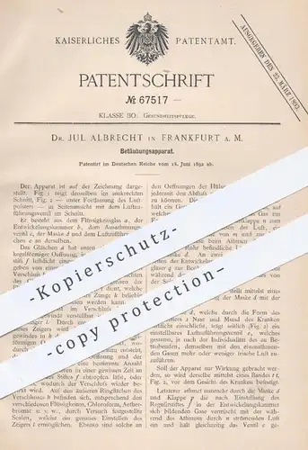 original Patent - Dr. J. Albrecht , Frankfurt / Main , 1892 , Apparat zum Betäuben | Betäubung , Medizin , Arzt , Ärzte