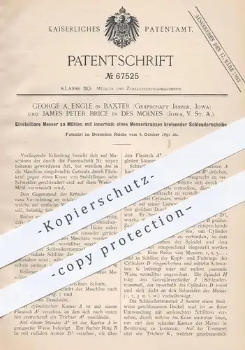 original Patent - George A. Engel , Baxter , Jasper Jowa, USA / James Peter Brice , Des Moines , 1891 , Messer an Mühlen