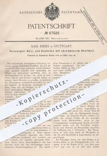 original Patent - Karl Ehnes , Stuttgart , 1892 , Heizofen u. Kochofen | Kochherd , Herd , Ofen , Öfen , Ofenbauer !!!