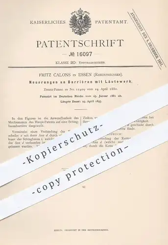original Patent - Fritz Calons , Essen , Rheinpreussen , 1881 , Barrièren mit Läutewerk | Schlagbaum , Eisenbahnen !!