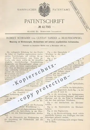 original Patent - R. Schrader , G. Sander , Braunschweig , 1886 , Kirchenorgel , Orchestrion , Orgel , Musikinstrumente