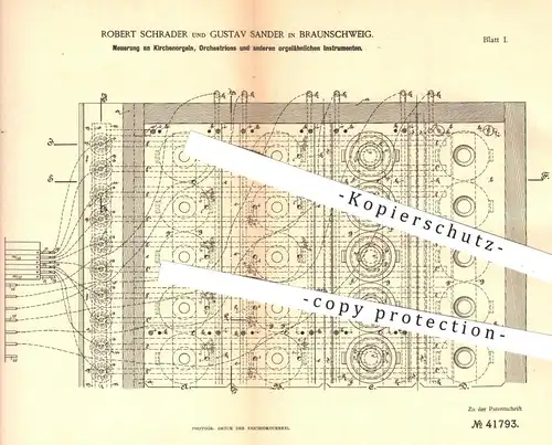 original Patent - R. Schrader , G. Sander , Braunschweig , 1886 , Kirchenorgel , Orchestrion , Orgel , Musikinstrumente
