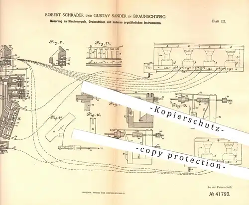 original Patent - R. Schrader , G. Sander , Braunschweig , 1886 , Kirchenorgel , Orchestrion , Orgel , Musikinstrumente