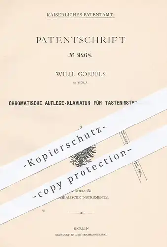 original Patent - W. Goebels , Köln 1879 , Auflege- Klaviatur für Tasteninstrumente | Klavier , Piano , Musikinstrumente