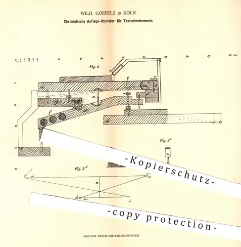 original Patent - W. Goebels , Köln 1879 , Auflege- Klaviatur für Tasteninstrumente | Klavier , Piano , Musikinstrumente