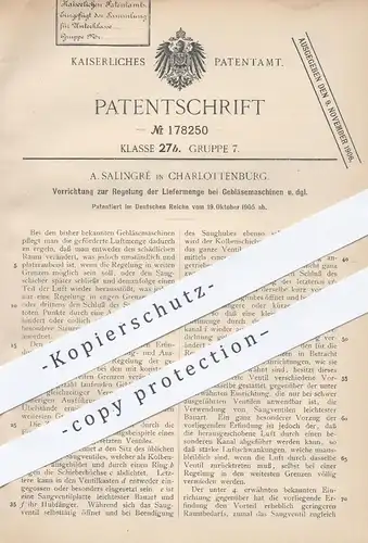 original Patent - A. Salingré , Berlin Charlottenburg , 1905 , Regelung an Gebläsemaschinen | Gebläse , Lüftung , Luft !