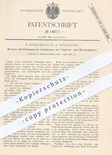 original Patent - G. Rodenstock , Würzburg , 1881 , Brillen - Anmessapparat | Brille , Optiker , Augenoptiker , Sehhilfe