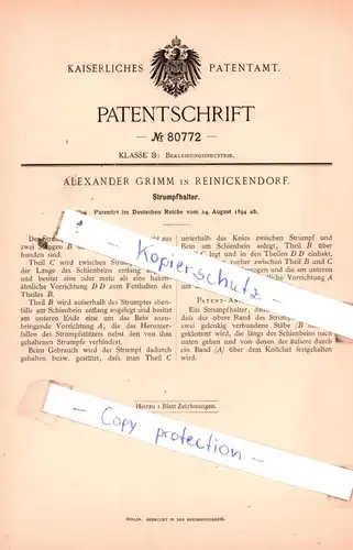 original Patent - Alexander Grimm in Reinickendorf , 1894 , Strumpfhalter !!!