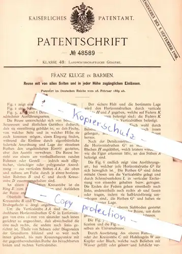 original Patent - Franz Kluge in Barmen , 1889 , Landwirthschaftliche Geräthe !!!