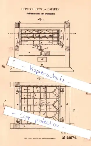 original Patent - Heinrich Seck in Dresden , 1888 , Sichtemaschine mit Plansieben !!!