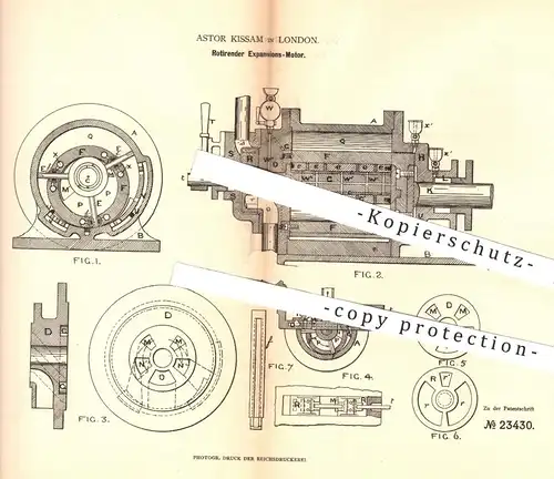 original Patent - Astor Kissam , London , 1883 , Rotierender Expansions - Motor | Motoren , Rotation , Pumpe , Pumpen !!