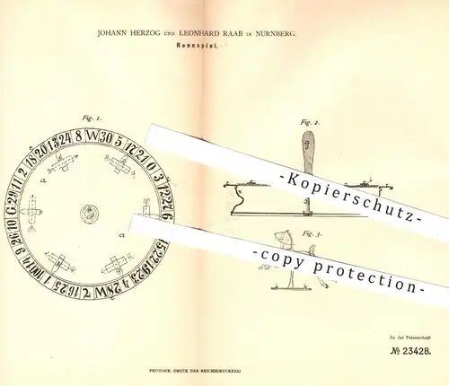 original Patent - J. Herzog , L. Raab , Nürnberg 1883 , Rennspiel | Spiel , Spiele , Sport , Rennpferde , Pferd , Pferde