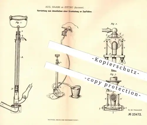 original Patent - Aug. Haase , Zittau , 1883 , Anschließen einer Druckleitung an Zapfhahn | Bier zapfen , Pumpe , Pumpen