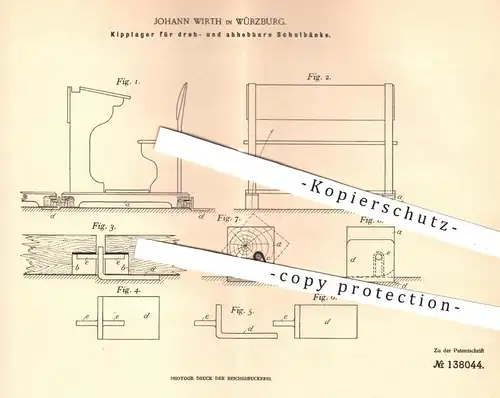 original Patent - Joh. Wirth , Würzburg , 1900 , Kipplager für dreh- u. abhebbare Schulbänke | Schulbank , Tisch , Möbel