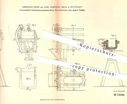 original Patent - Ch.Petri , Carl Ch. Held , Stuttgart , 1881 , Feinschnitt - Tabakschneidemaschine | Tabak , Zigarren !