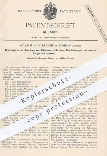 original Patent - William John Brewer , Bombay , Indien , 1881 , Reflektoren an Lampen , Laternen u. a. in Straßenbahnen