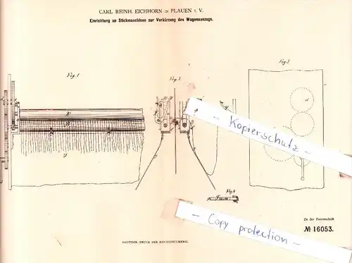 Original Patent  - Carl Reinh. Eichhorn in Plauen i. V. , 1881 , Nähmaschinen !!!