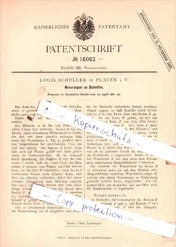 Original Patent  - Louis Schuller in Plauen i. V. , 1881 , Neuerungen an Badeöfen !!!
