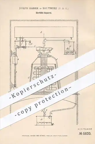 original Patent - Joseph Raiber , Baltimore USA 1878 , Apparat zum Bier kühlen | Brauerei , Gähren , Maische , Kühlung !